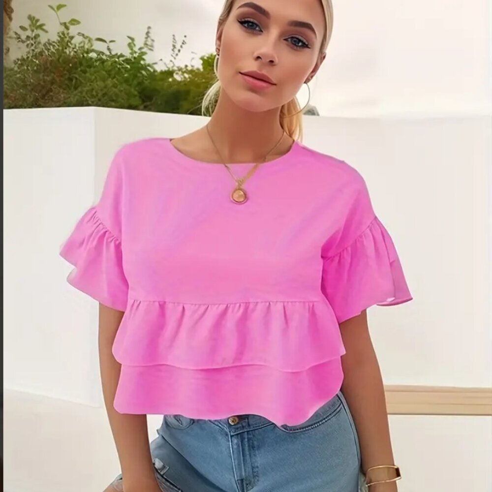 Women's Pink Crew Neck Sweet Flare Sleeve Blouse Size Medium  NWT - Picture 3 of 7
